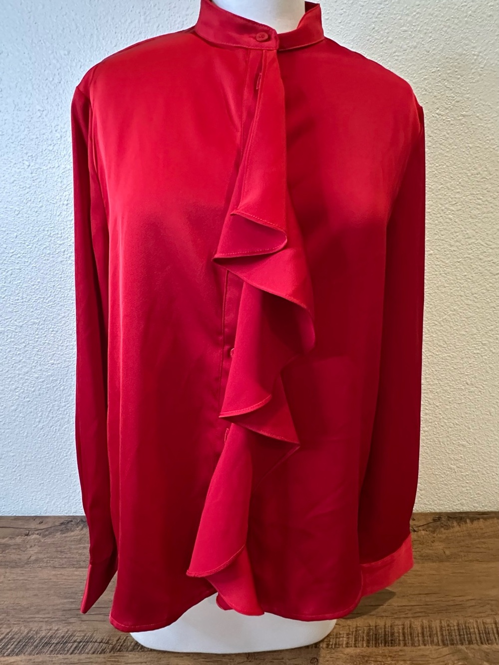 MOTF Vibrant Red Ruffle-Front Satin Blouse